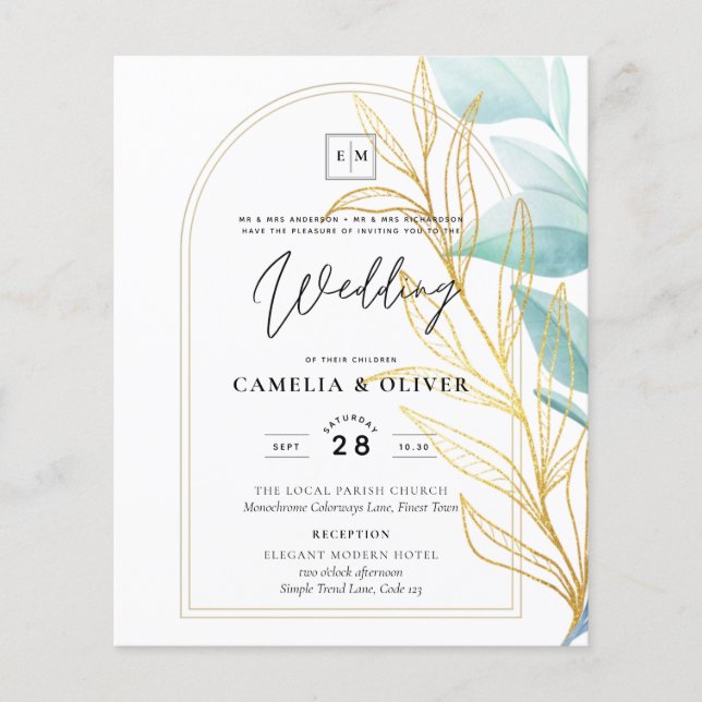 Allt-i-1-sjöglaset Aqua Grönt Guld Löv Bröllop Flygblad (Framsidan)