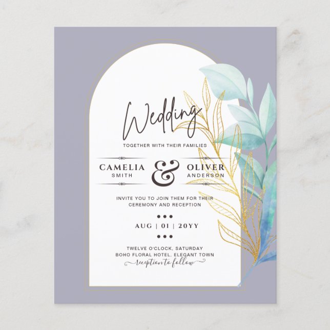 Allt-i-1-sjöglaset Aqua Grönt Guld Löv Bröllop Flygblad (Framsidan)