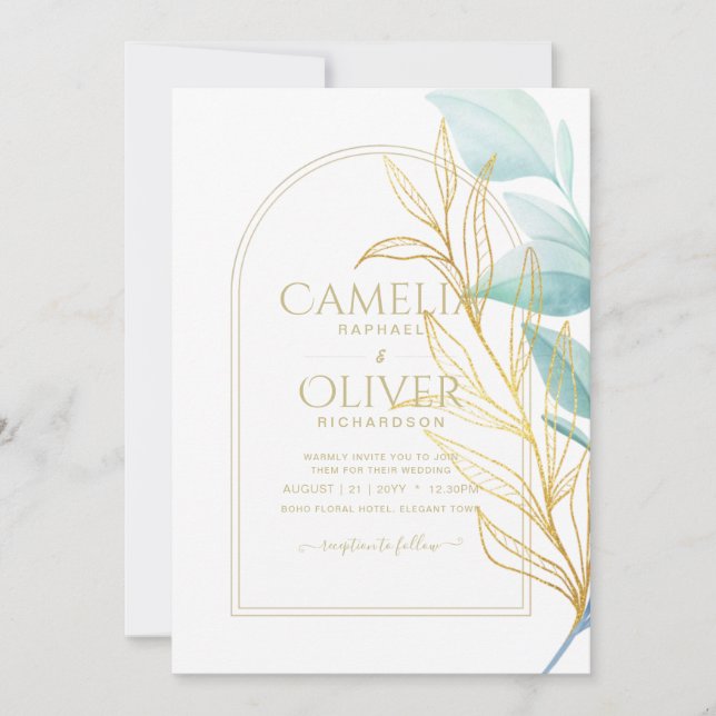 Allt-i-1-sjöglaset Aqua Grönt Guld Löv Bröllop Inbjudningar (Framsida)