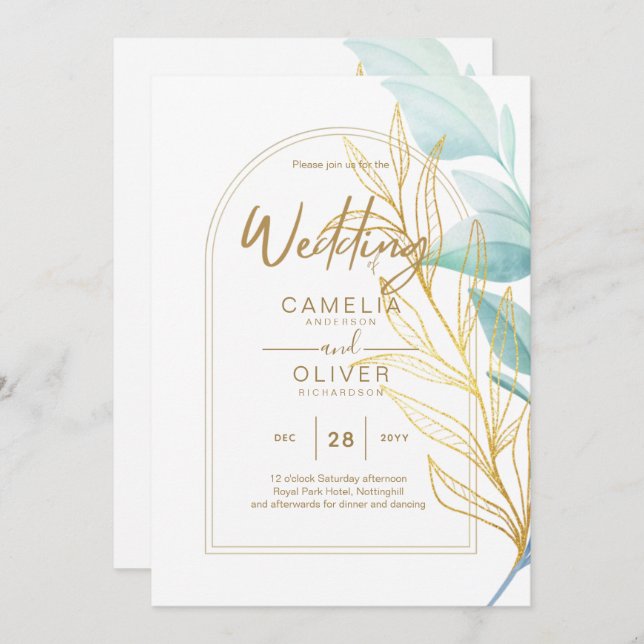 Allt-i-1-sjöglaset Aqua Grönt Guld Löv Bröllop Inbjudningar (Fram/baksida)
