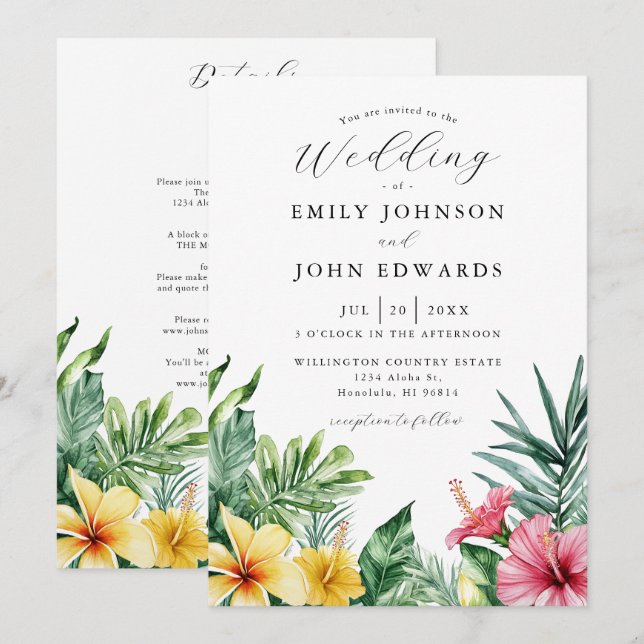 Allt i en akvarelltropiska blommor bröllop inbjudningar (Fram/baksida)
