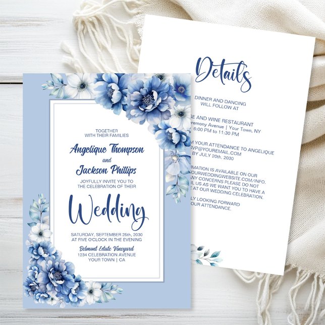 Allt i en blå Blommigt Bröllop Inbjudningar (Skapare uppladdad)