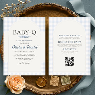 Allt i en blå Gingham BBQ Baby-Q Baby Shower  Inbjudningar