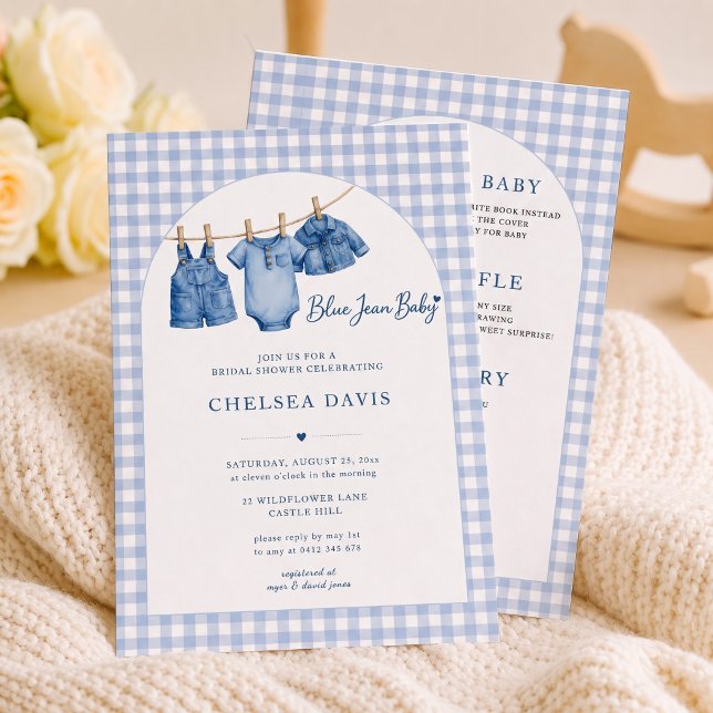 Allt i en blå jean baby anpassad Gingham-båge Inbjudningar (All In One Blue Jean Baby Custom Gingham Arch Invitation)