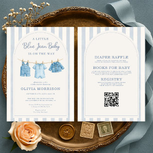 Allt i en blå jeans baby ränder baby shower inbjudningar