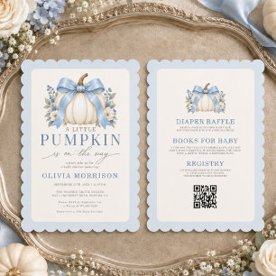 Allt i en blå rosett liten pumpa baby shower inbjudningar