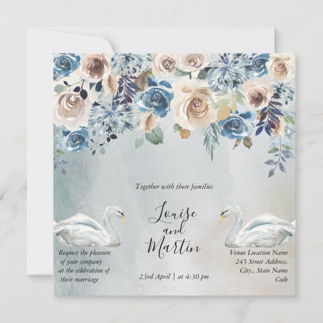 Allt i en, blommigtens vattenfärg med vitt svanar  inbjudningar (Framsida)