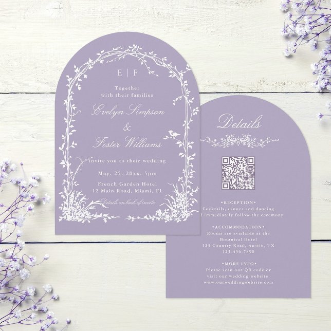 Allt i en blomsterbåge trädgård bröllop Lavendel Inbjudningar (Front & Back)
