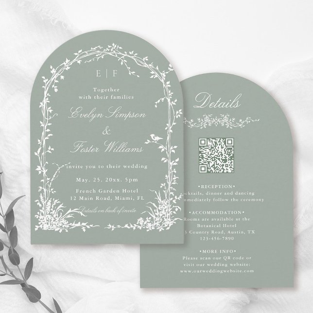 Allt i en blomsterträdgård Bröllop Sage Grön Båge Inbjudningar (Front & Back)
