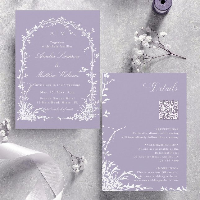 Allt i en botanisk valvrid Trädgårdsbrollop Lavend Inbjudningar (Front & Back)