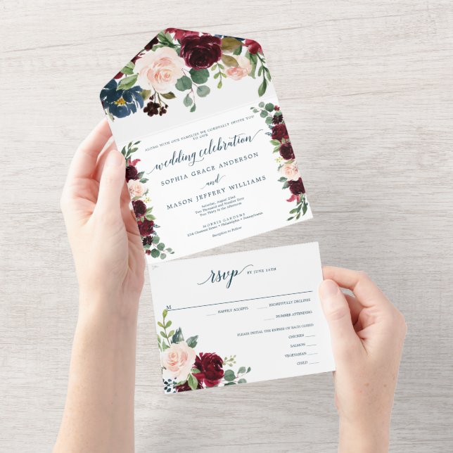 Allt i en burgundisk flotta Rustic Wedding-inbjuda (Avrivbar del)