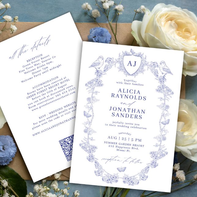 Allt i en dammig blå fransk blomsterbröllop inbjudningar (Skapare uppladdad)