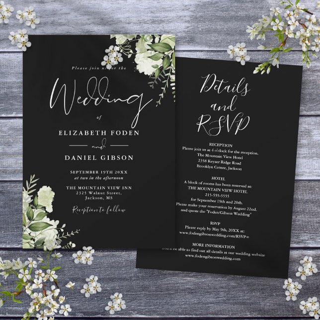Allt i en dammig svart och vit grönska bröllop inbjudningar (All In One Dusty Black And White Greenery Wedding Invitation)