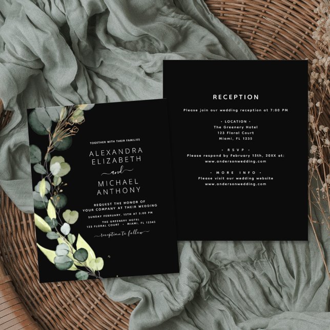 Allt i en e-eukalyptus Black Wedding-inbjudan (Skapare uppladdad)