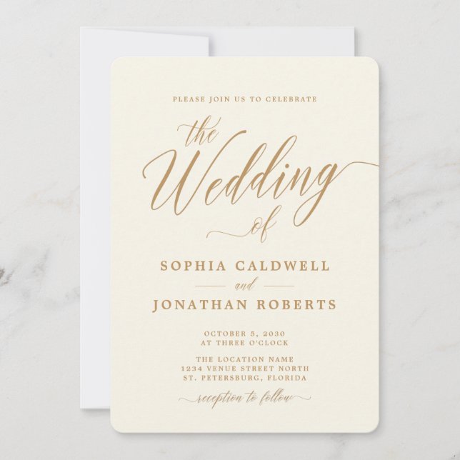 Allt i en Elegant Guld Calligraphy Cream Bröllop Inbjudningar (Framsida)