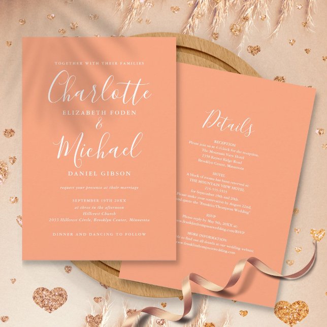 Allt i en Elegant, modern skriptpersika Bröllop Inbjudningar (All In One Elegant Modern Script Peach Wedding Invitation)