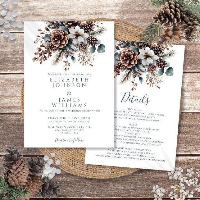 Allt i en elegant vinterblomma kotte bröllop inbjudningar (All In One Elegant Winter Floral Pinecone Wedding Invitation)