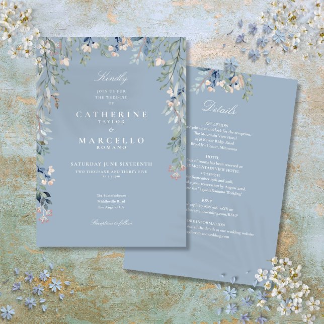 Allt i en enda dammsug blå jodblommor Blommigt Brö Inbjudningar (All In One Dusty Blue Wildflowers Floral Wedding Invitation)