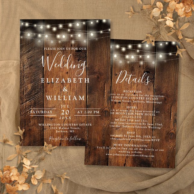 Allt i en enda Rustic Barn Wood String Ljus Bröllo Inbjudningar (All In One Rustic Barn Wood String Lights Wedding Invitation)