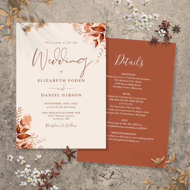 Allt i en enda rustisk höstfälla Blommigt Bröllop Inbjudningar (All In One Rustic Autumn Fall Floral Wedding Invitation)