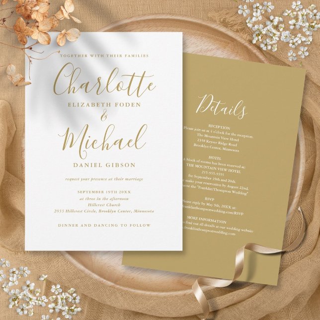 Allt i en enkel elegant guldskrift bröllop inbjudningar (All In One Simple Elegant Gold Script Wedding Invitation)