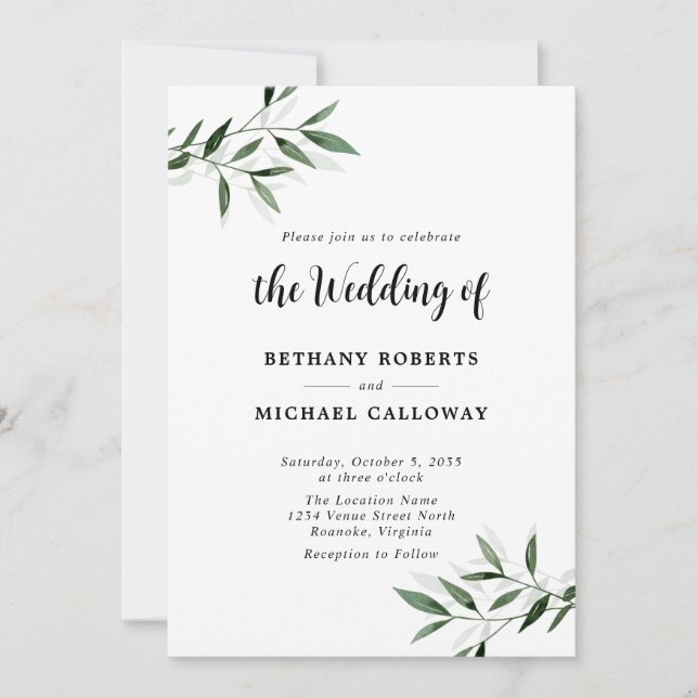 Allt i en Eucalyptus Calligraphy QR Code Bröllop Inbjudningar (Framsida)