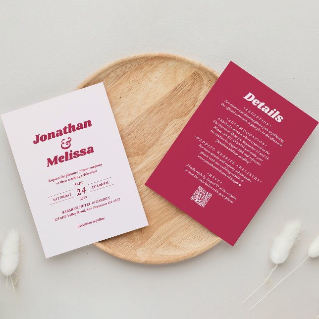 Allt i en fet Retro Viva-Magenta QR-kod Bröllop Inbjudningar (Skapare uppladdad)
