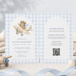 Allt i en flygplansbjörn Gingham Pojke Baby Shower Inbjudningar