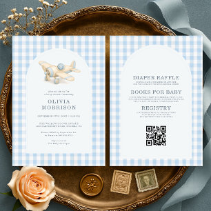 Allt i en flygplansblå Gingham pojke baby shower Inbjudningar