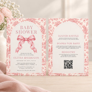Allt i en fransk Toile rosa båge flicka baby showe Inbjudningar