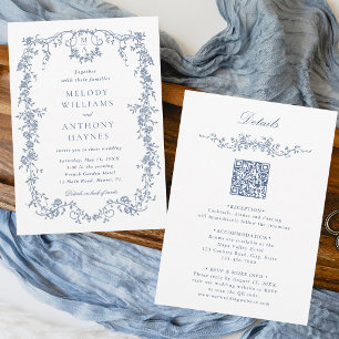 Allt i en Fransk Victorian Blue Blommigt Bröllop Inbjudningar
