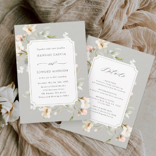 Allt i en Grått Sage White Elegant Blommigt Bröllo Inbjudningar