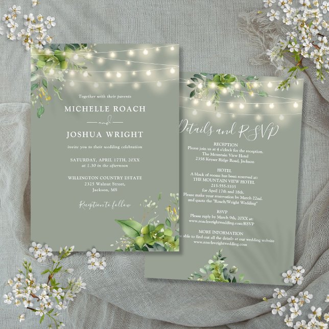 Allt i en grey Ljus Sage Grönt Bröllop Inbjudningar (All In One Greenery Lights Sage Green Wedding Invitation)