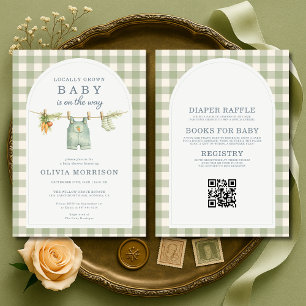 Allt i en grön gingham lokalt odlad baby shower-in inbjudningar