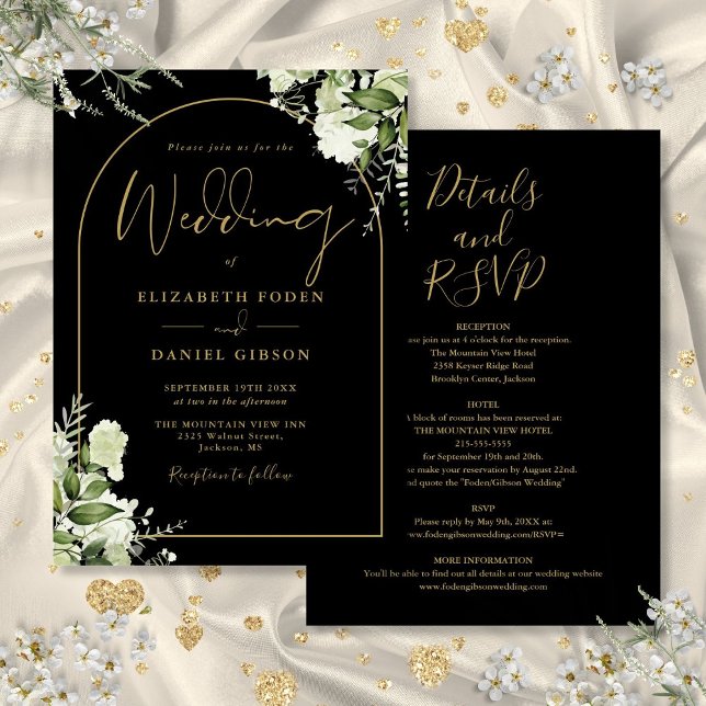Allt I En Grönska Svart Och Guld Båge Bröllop Inbjudningar (All In One Greenery Black And Gold Arch Wedding Invitation)