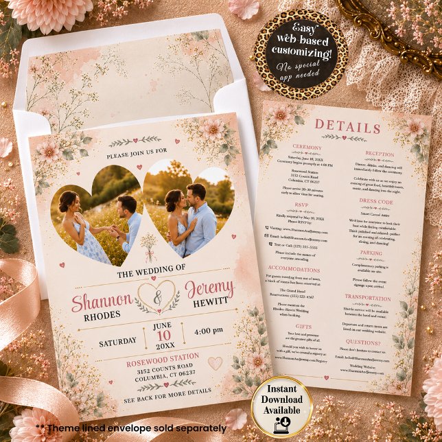 Allt i en kärlek i blom Bröllopsfoto dubbel Inbjudningar (All-in-one Wedding Invitation with details on the back. Theme lined envelope sold separately.)