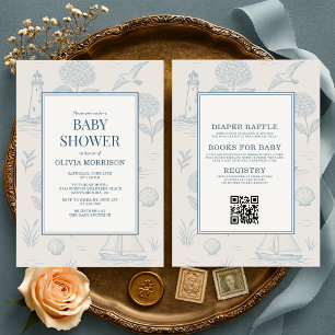 Allt i en kustfransk Toile blå baby shower Inbjudningar