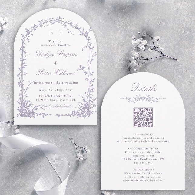 Allt i en lavendel botanisk trädgård Bröllopsbåge Inbjudningar (Front & Back)