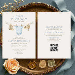 Allt i en liten cowboy-klädstreck baby shower inbjudningar