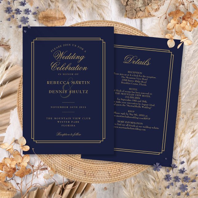 Allt i en marin blå och Guld Art Deco Bröllop Inbjudningar (All In One Navy Blue and Gold Art Deco Wedding Invitation)