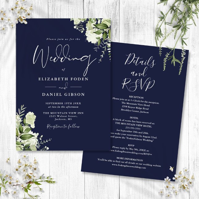 Allt i en marinblå grönska blommande bröllop inbjudningar (All In One Navy Blue Greenery Floral Wedding Invitation)