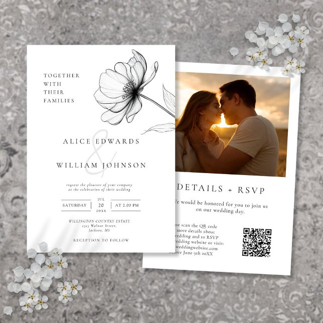 Allt i en minimalistisk blomsterfoto QR-kod bröllo Inbjudningar (All In One Minimalist Floral Photo QR Code Wedding Invitation)