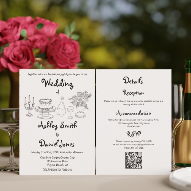 Allt i en minimalistisk svart-vit doodle bröllop inbjudningar (All In One Minimalist Black & White Doodle Wedding Invitation)