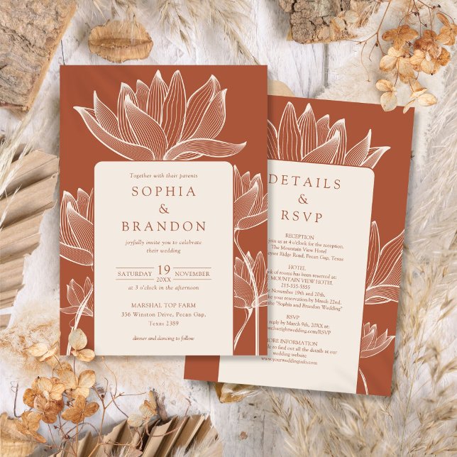 Allt i en modern blomsterterrakotta bröllop inbjudningar (All In One Modern Floral Terracotta Wedding Invitation)