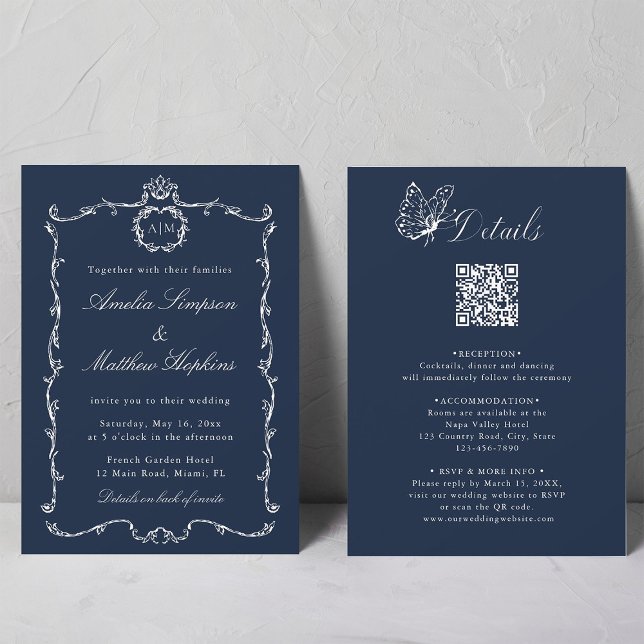 Allt i en modern klassisk fransk vigsel blå inbjudningar (Front & Back)