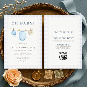 Allt i en Oh Baby Blue Gingham Pojke Bebis Shower Inbjudningar
