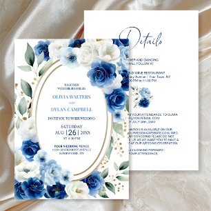 Allt i en Oval Blue Blommigt Bröllop Inbjudningar