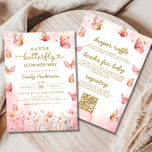 Allt i en QR-kod Flickans Rosa Butterfly Baby Show Inbjudningar