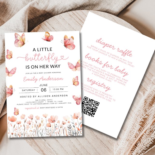 Allt i en QR-kod Little Butterfly Baby Shower Inbjudningar (Skapare uppladdad)