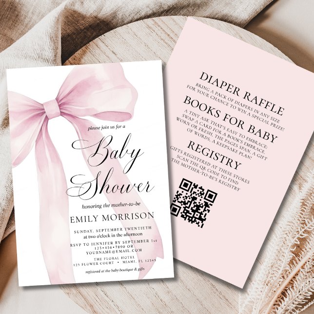 Allt i en QR-kod  Rosa Bow Girl Baby Shower Inbjudningar (Skapare uppladdad)